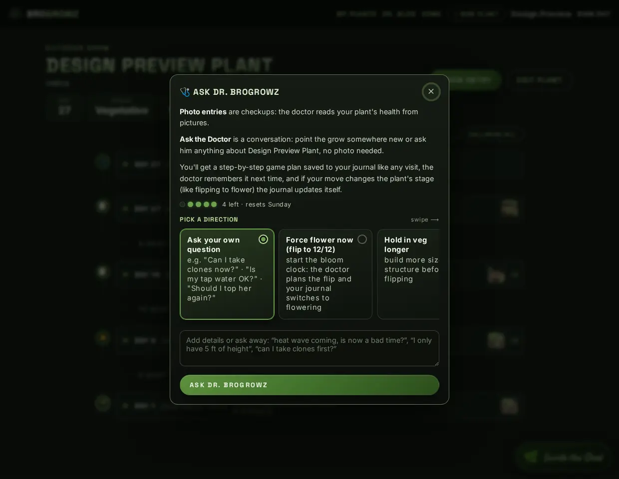 The Ask the Doctor dialog with grow directions to choose from