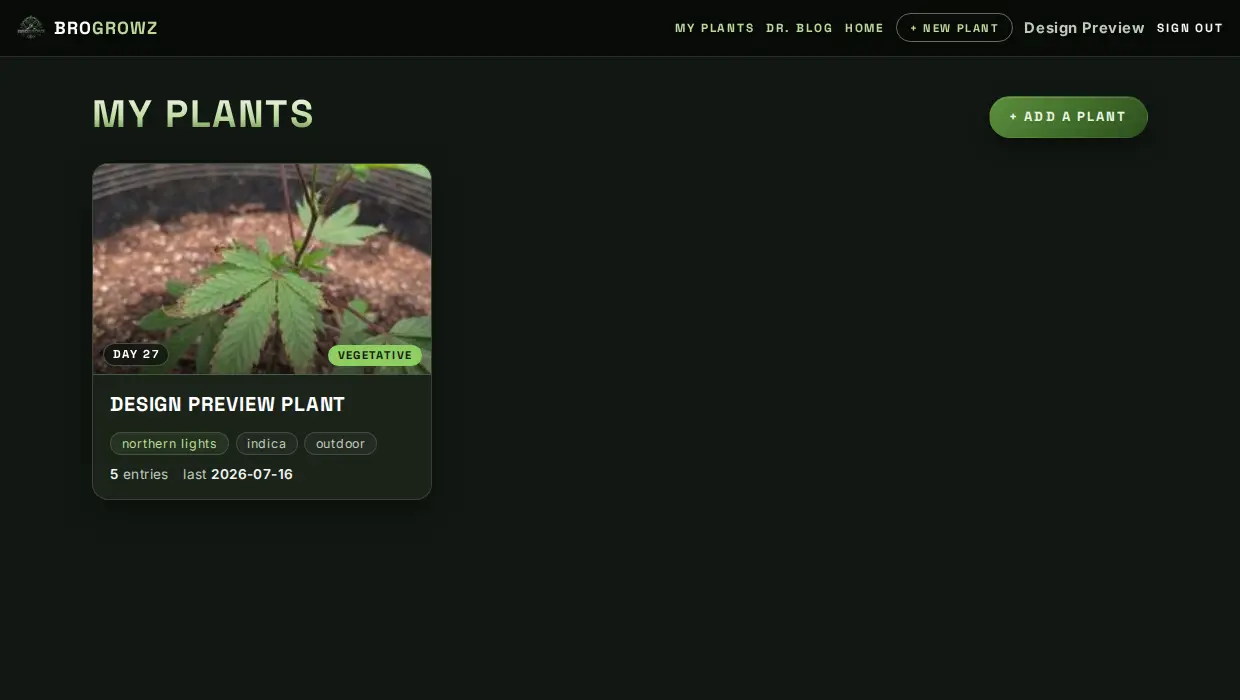 Plant cards with cover photos, stage chips, and grow day counters