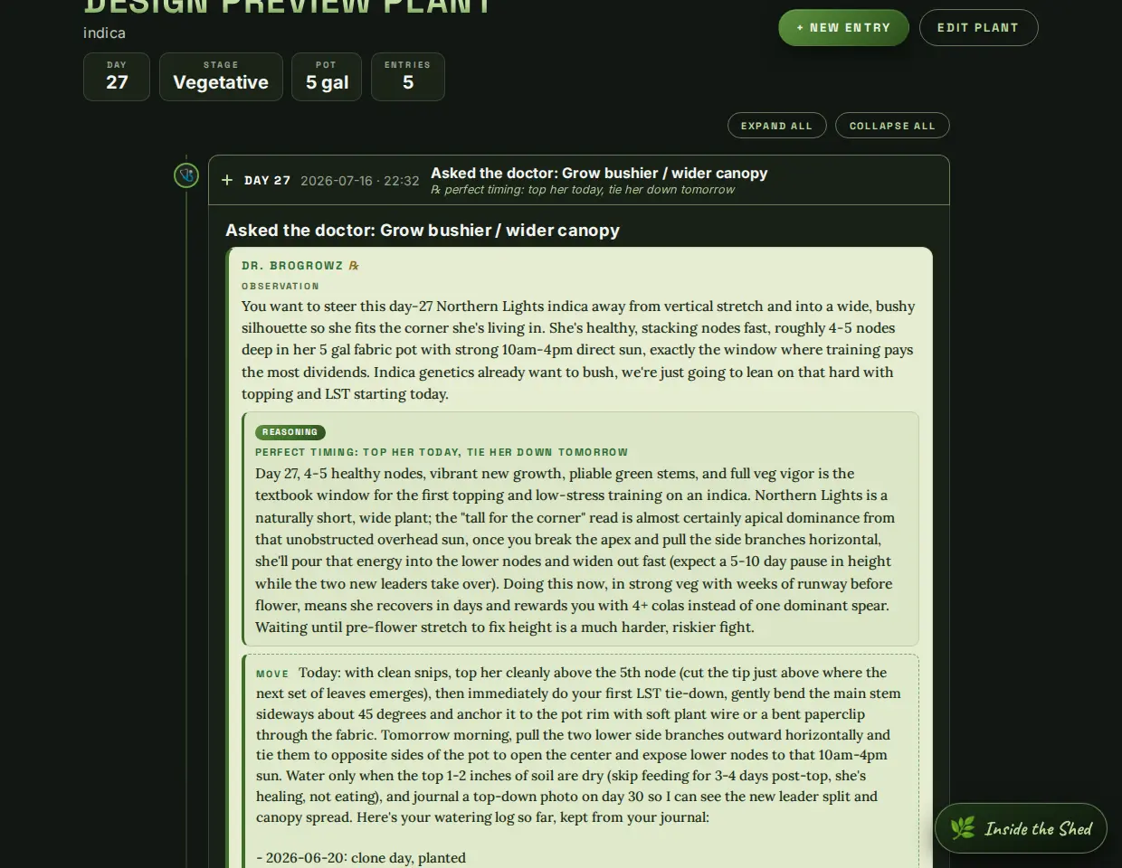 A BroGrowz timeline entry expanded to show the doctor's observation and reasoning