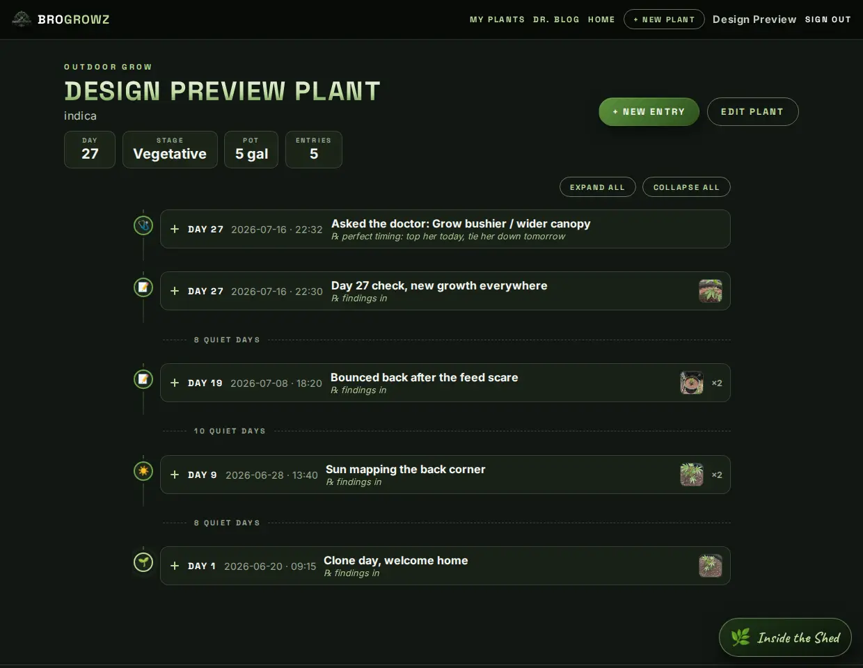The timeline view with entry-type icons, day markers, and quiet-gap dividers